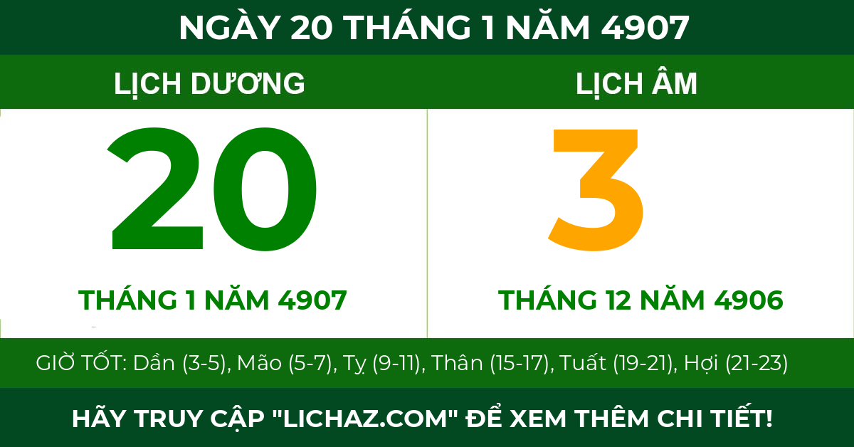 lịch âm ngày 20 tháng 1 năm 4907