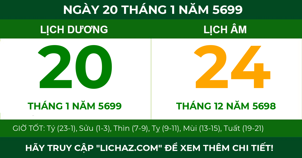 lịch âm ngày 20 tháng 1 năm 5699