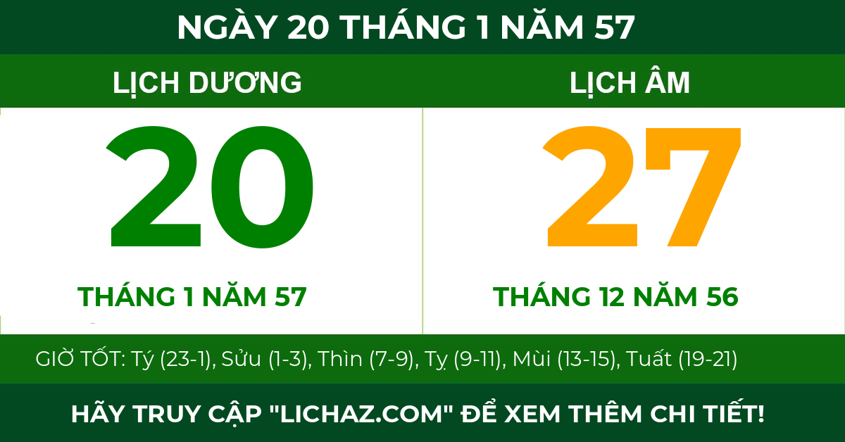 lịch âm ngày 20 tháng 1 năm 57