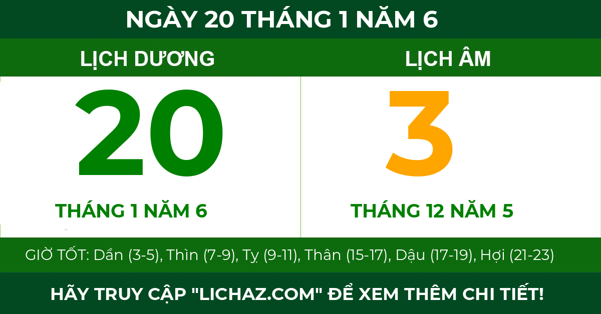 lịch âm ngày 20 tháng 1 năm 6