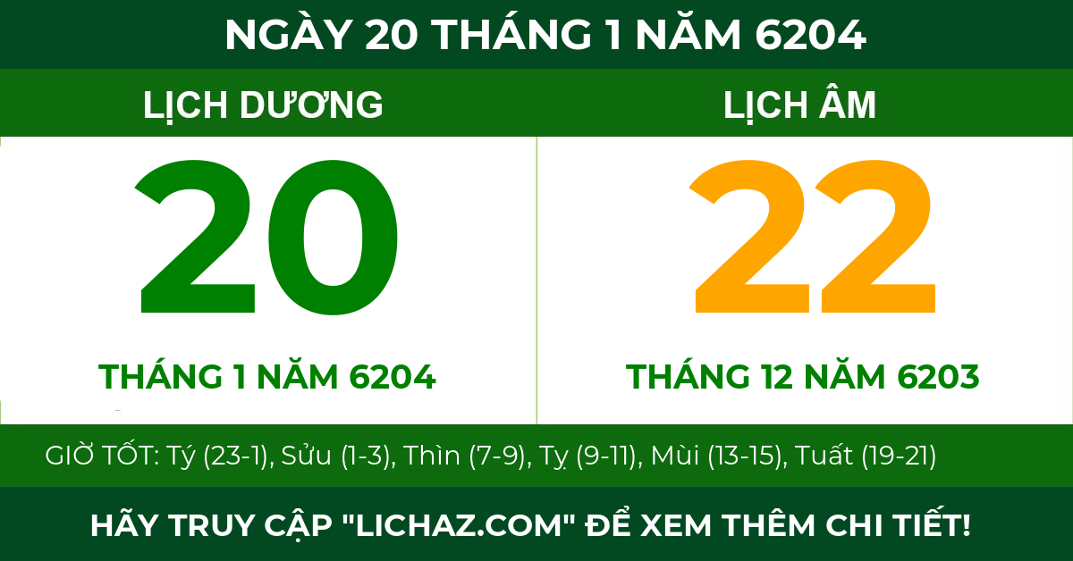 lịch âm ngày 20 tháng 1 năm 6204
