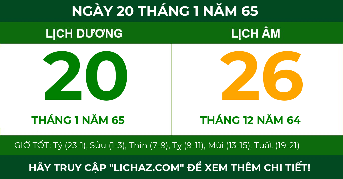 lịch âm ngày 20 tháng 1 năm 65