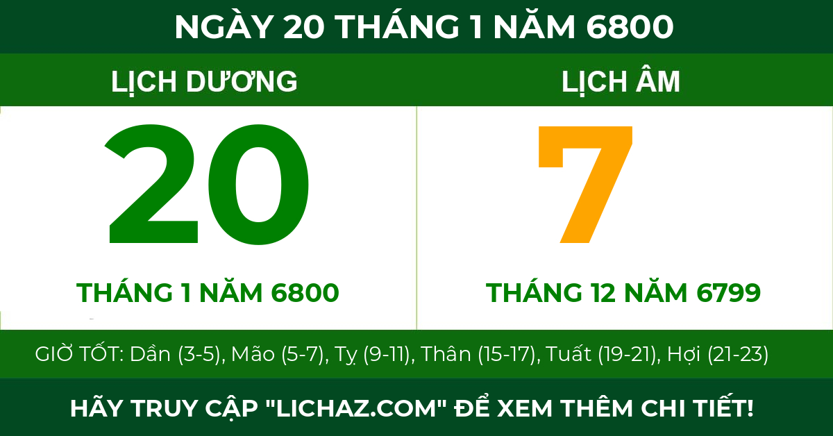 lịch âm ngày 20 tháng 1 năm 6800
