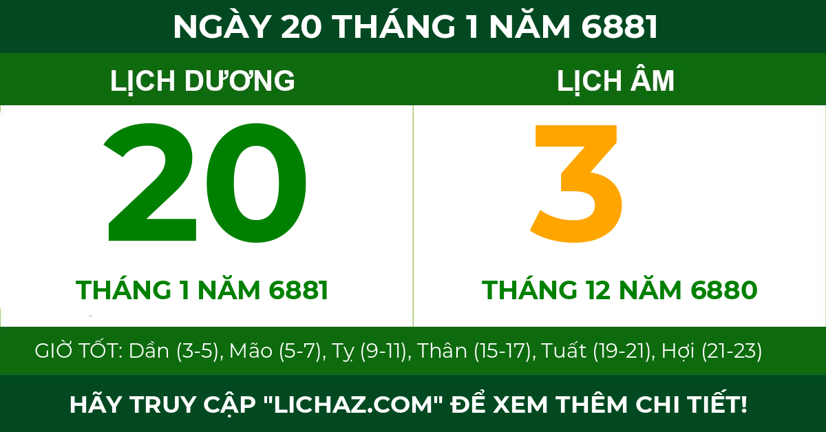 lịch âm ngày 20 tháng 1 năm 6881