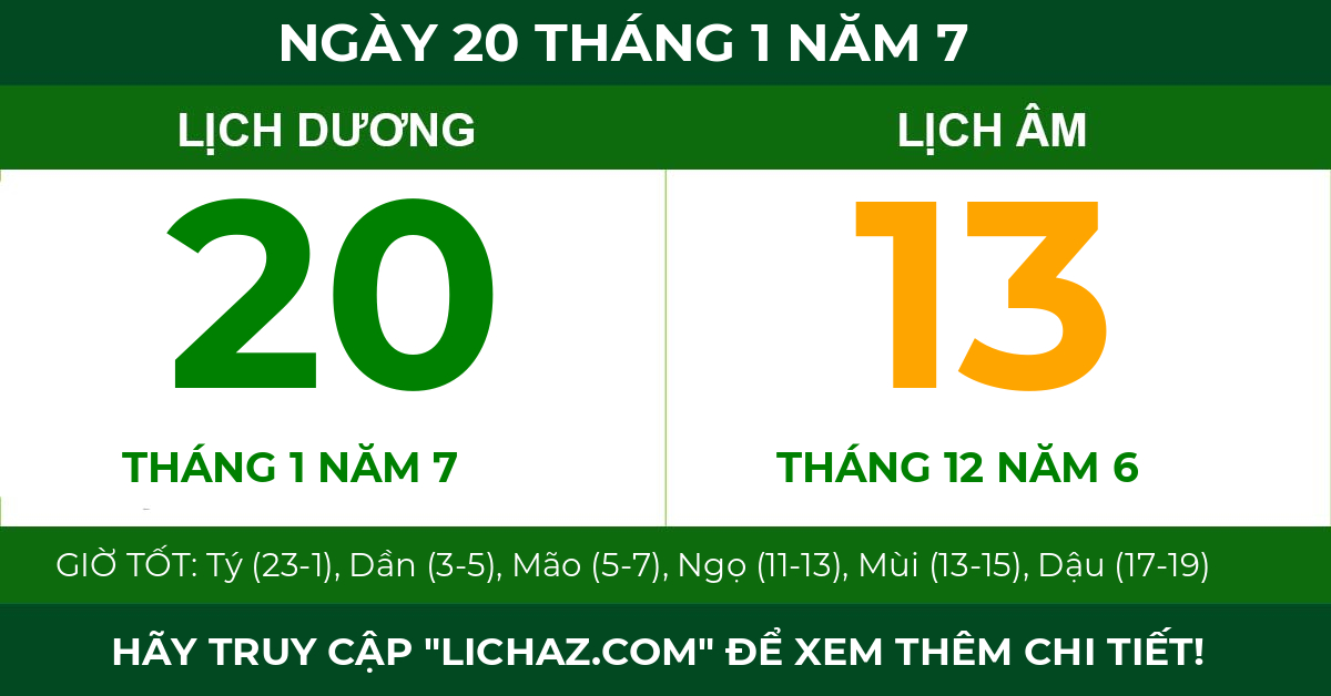 lịch âm ngày 20 tháng 1 năm 7