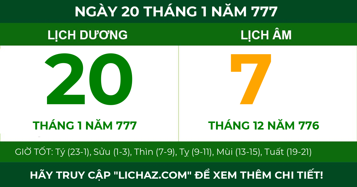 lịch âm ngày 20 tháng 1 năm 777