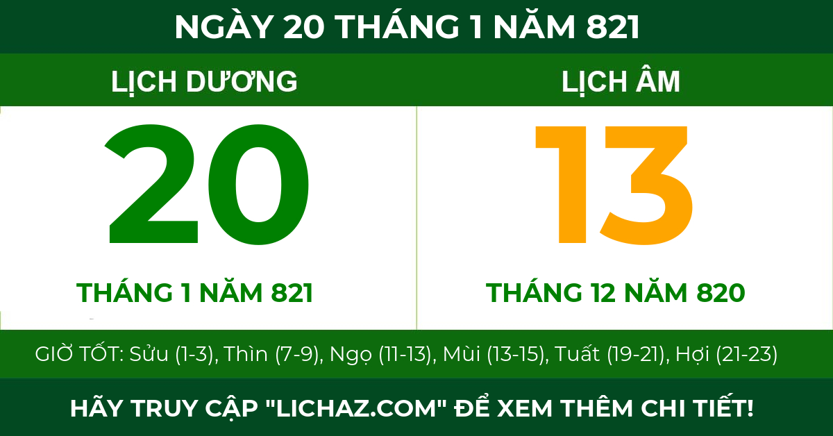 lịch âm ngày 20 tháng 1 năm 821