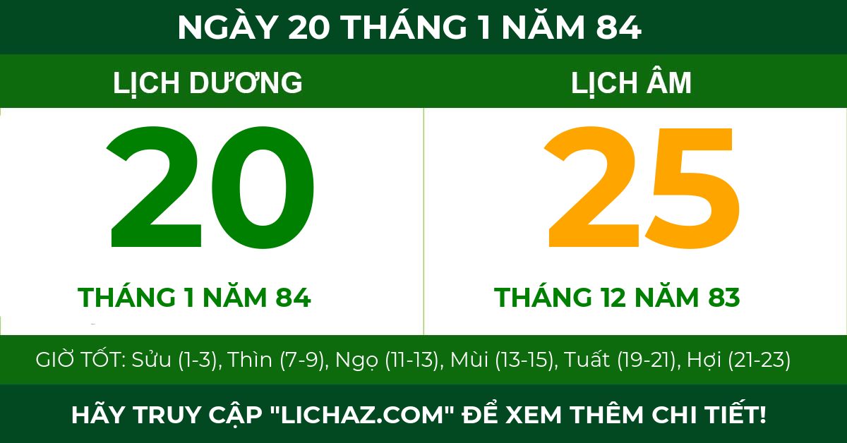 lịch âm ngày 20 tháng 1 năm 84