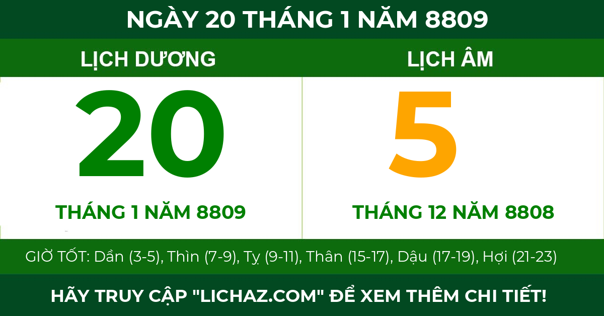 lịch âm ngày 20 tháng 1 năm 8809