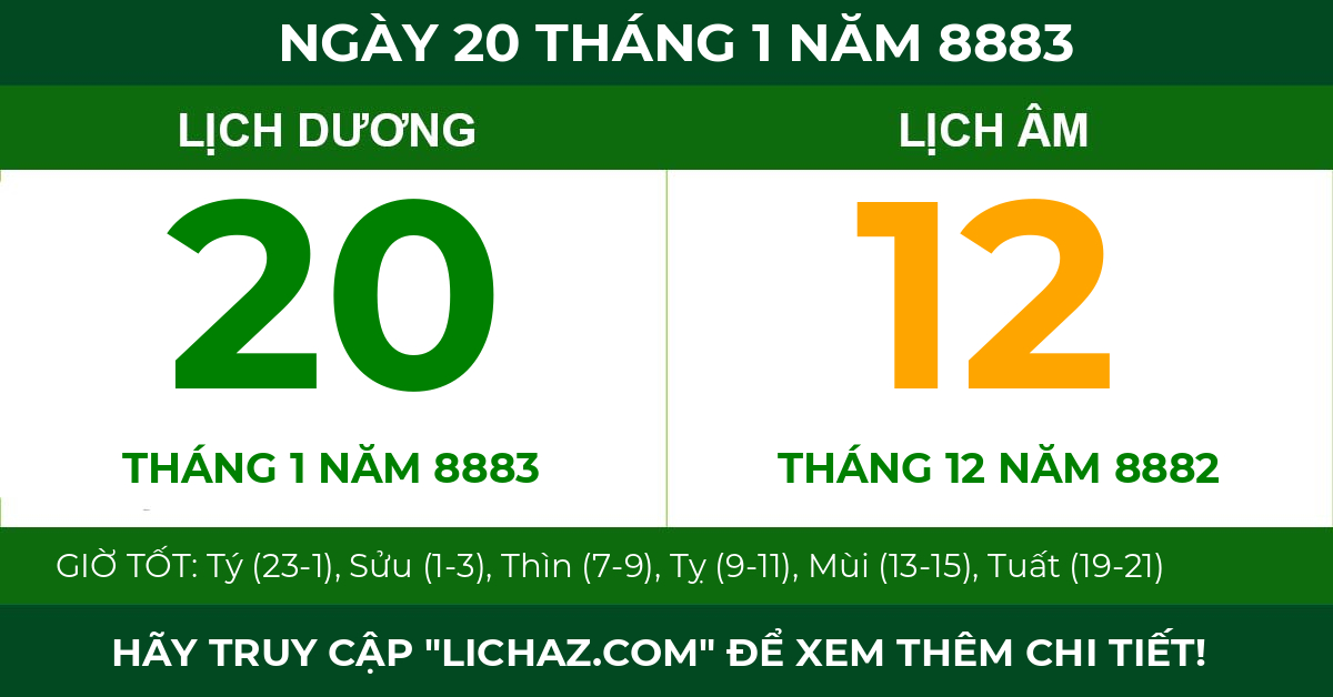 lịch âm ngày 20 tháng 1 năm 8883