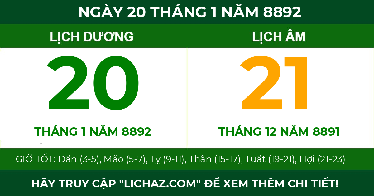 lịch âm ngày 20 tháng 1 năm 8892