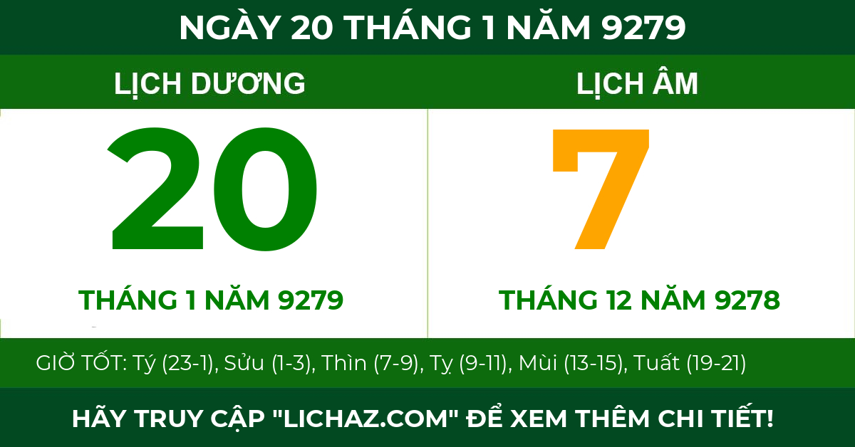 lịch âm ngày 20 tháng 1 năm 9279