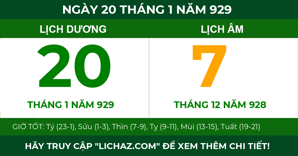 lịch âm ngày 20 tháng 1 năm 929