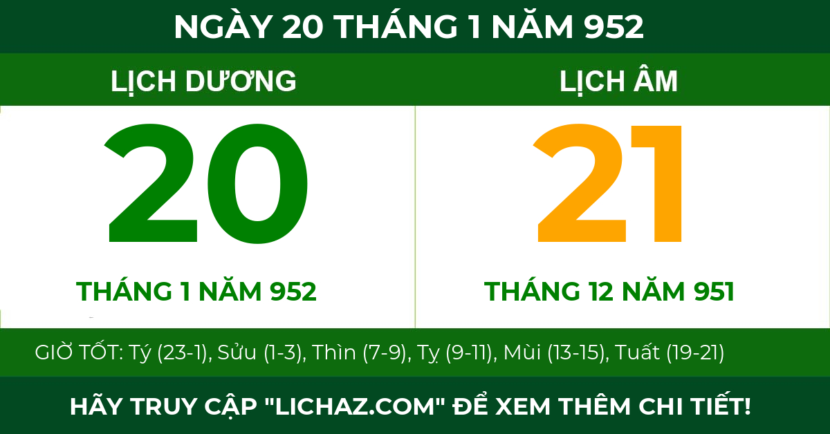 lịch âm ngày 20 tháng 1 năm 952