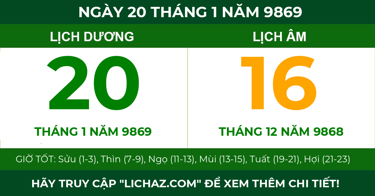 lịch âm ngày 20 tháng 1 năm 9869