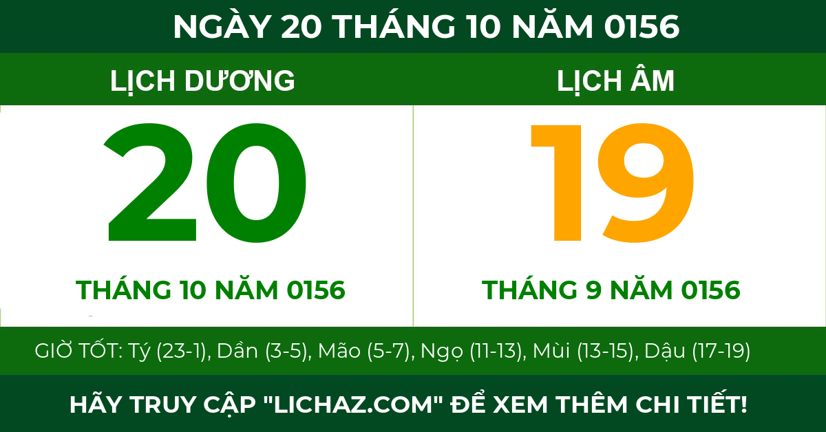 lịch âm ngày 20 tháng 10 năm 0156