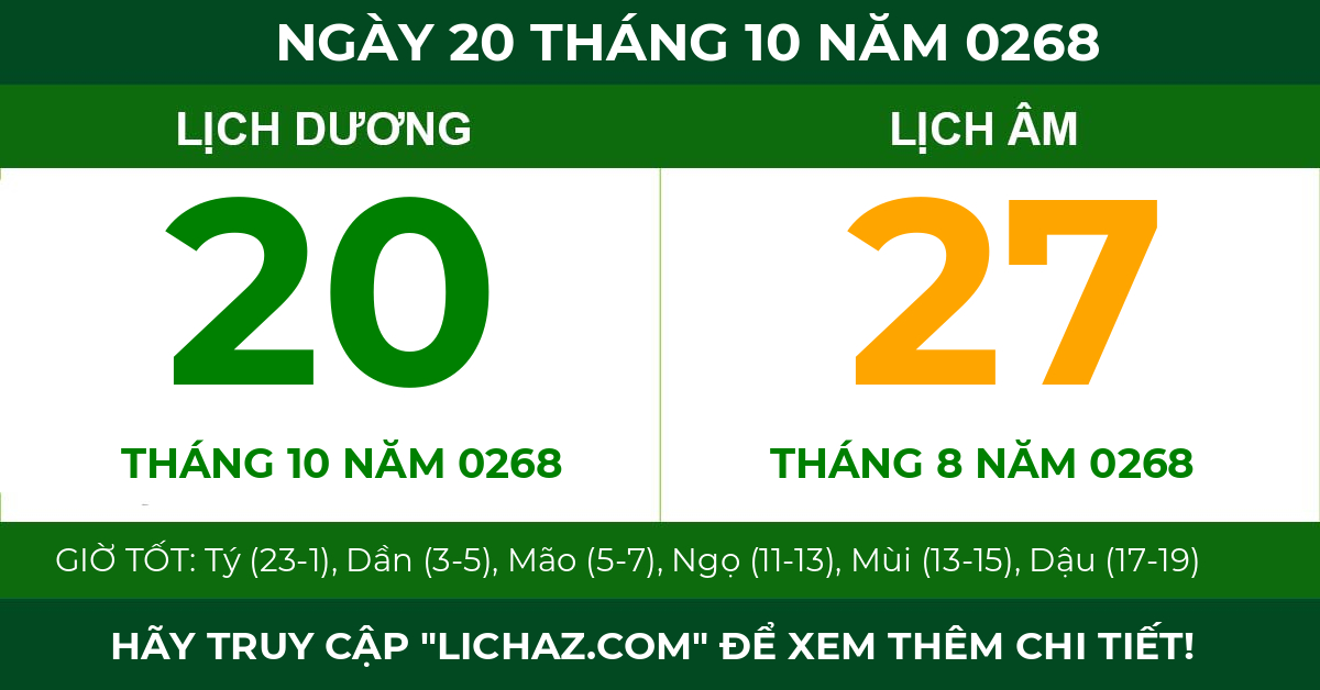 lịch âm ngày 20 tháng 10 năm 0268