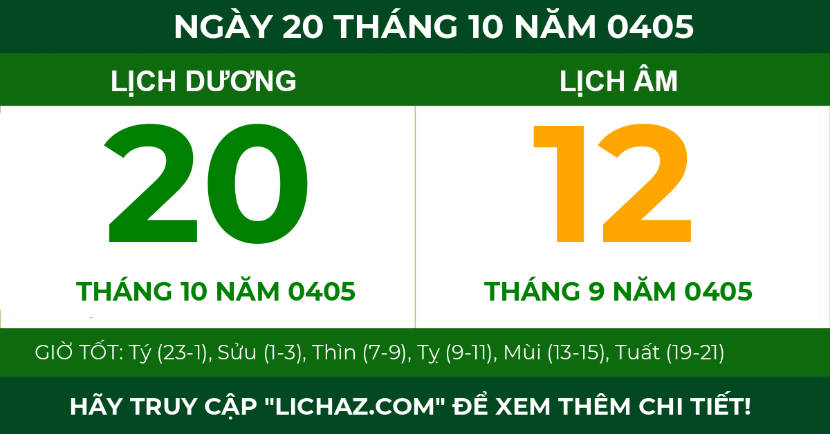 lịch âm ngày 20 tháng 10 năm 0405