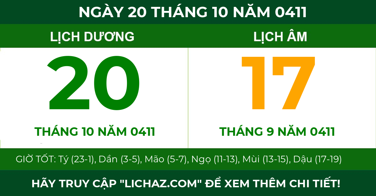 lịch âm ngày 20 tháng 10 năm 0411