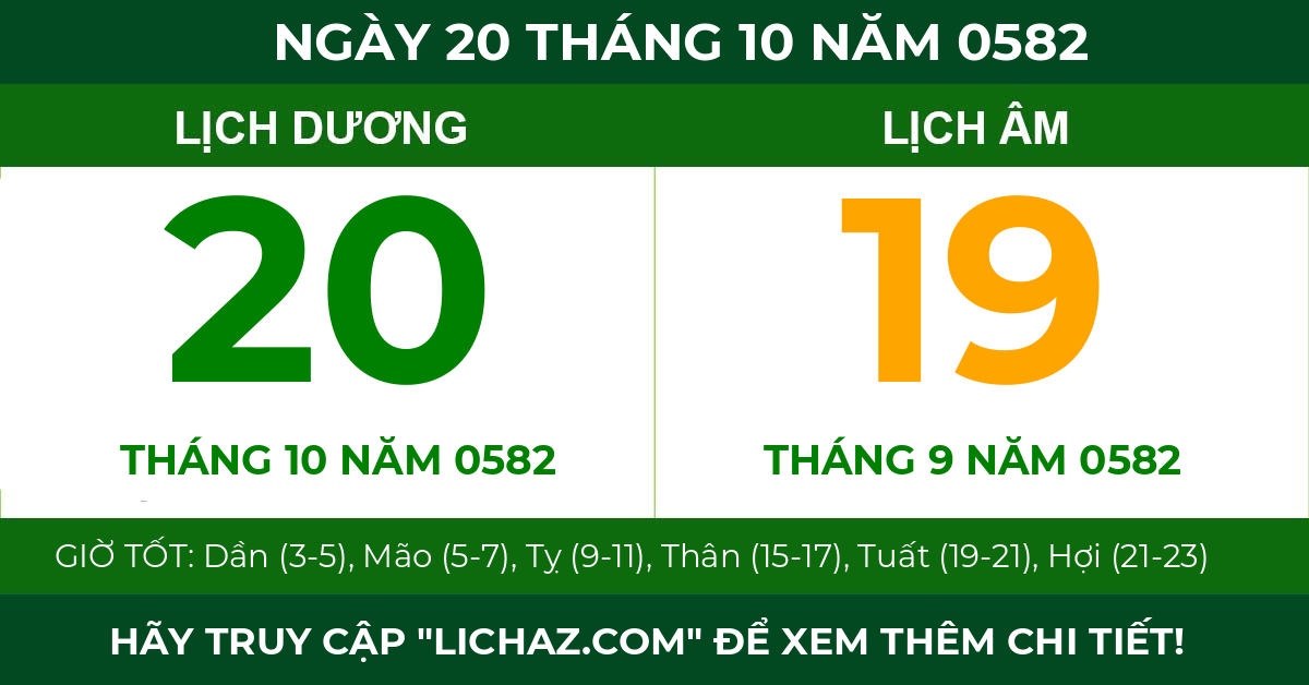 lịch âm ngày 20 tháng 10 năm 0582