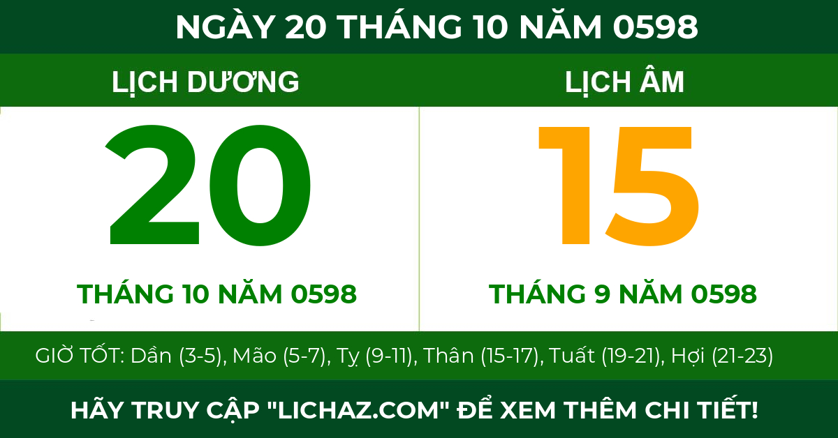 lịch âm ngày 20 tháng 10 năm 0598