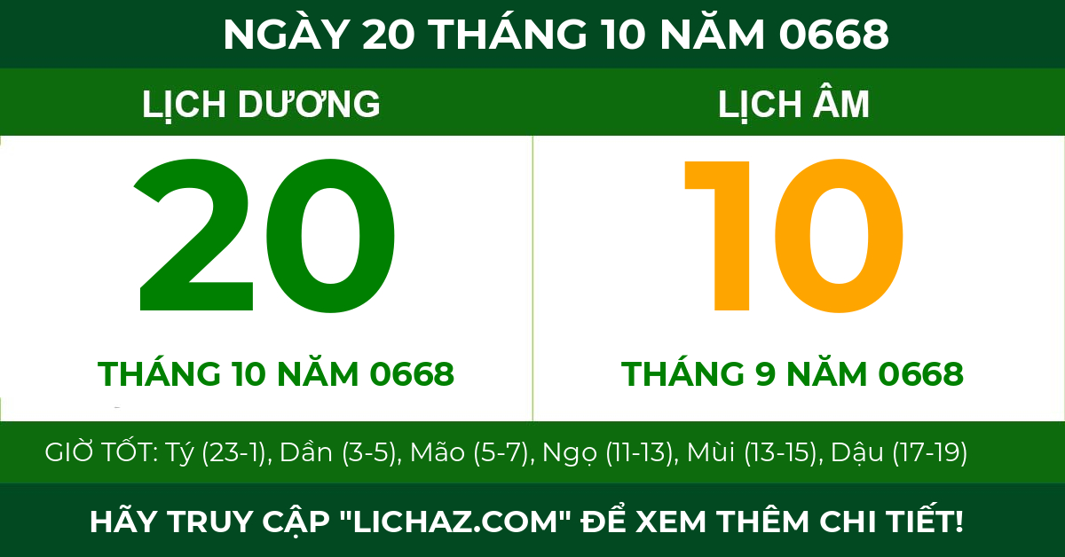 lịch âm ngày 20 tháng 10 năm 0668