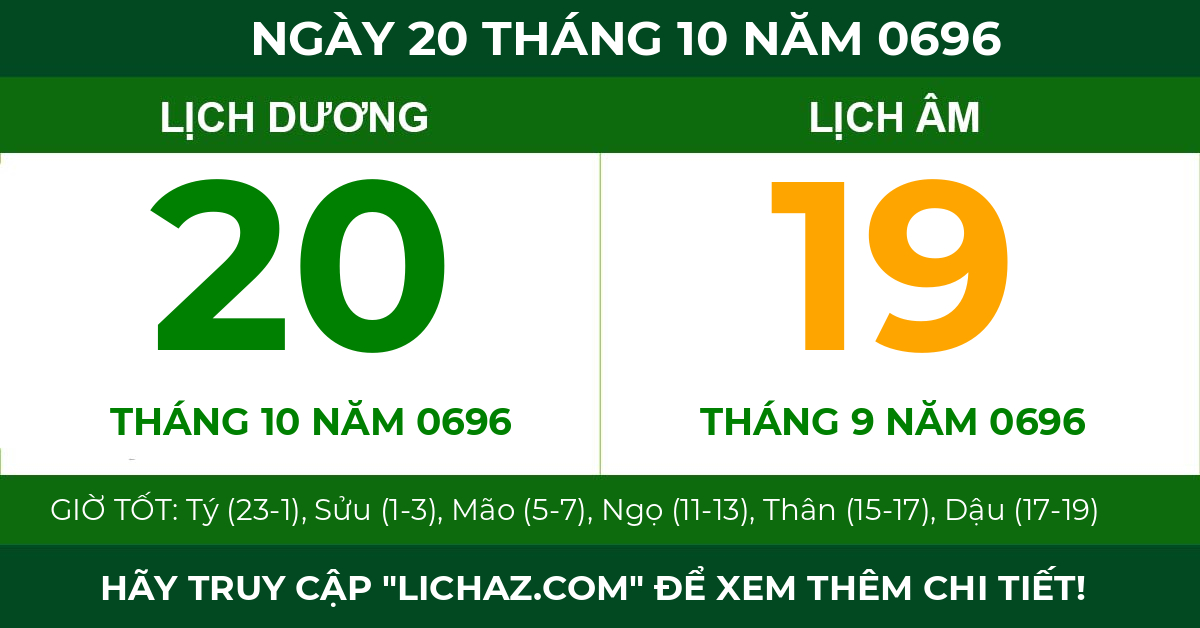 lịch âm ngày 20 tháng 10 năm 0696