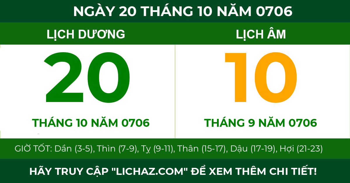 lịch âm ngày 20 tháng 10 năm 0706