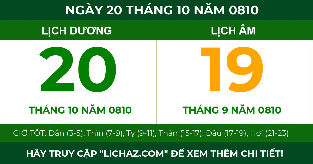 lịch âm ngày 20 tháng 10 năm 0810