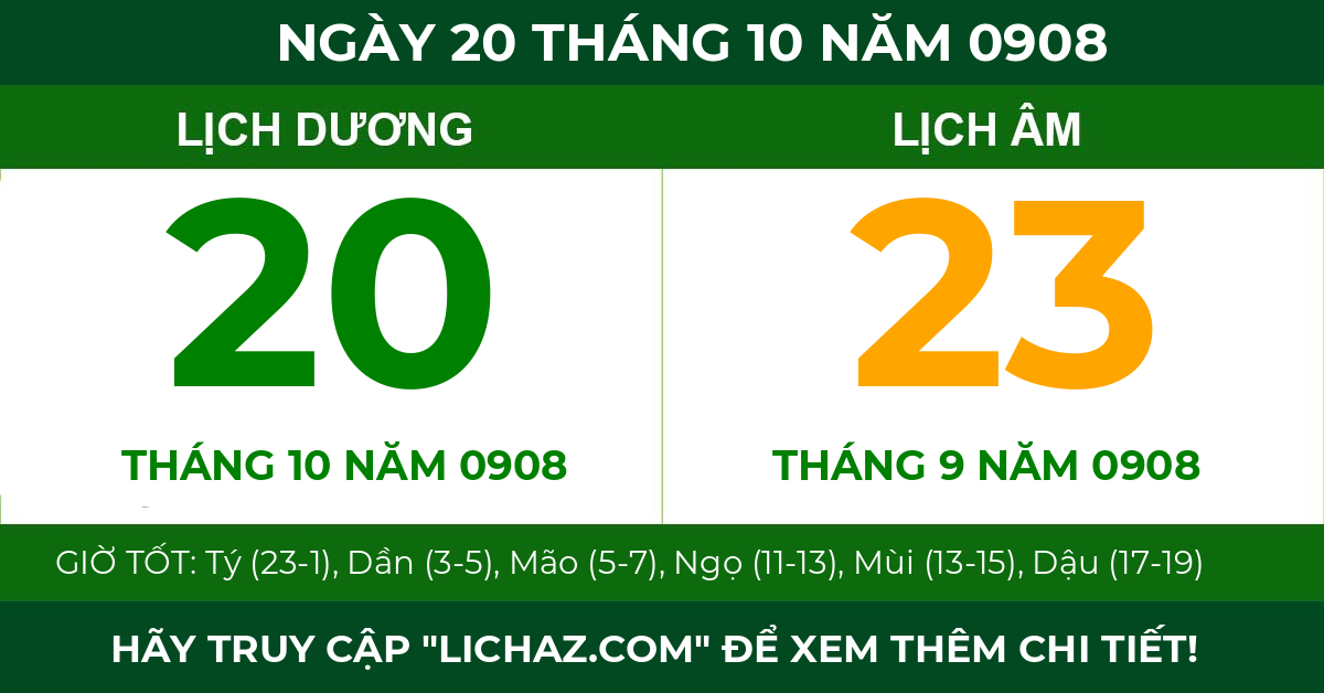 lịch âm ngày 20 tháng 10 năm 0908