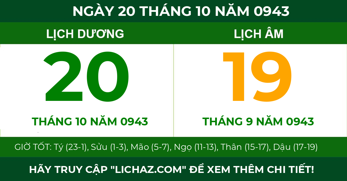 lịch âm ngày 20 tháng 10 năm 0943
