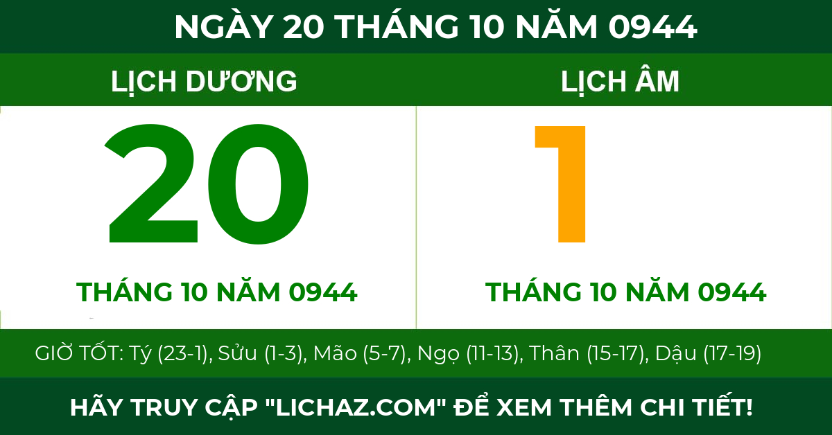 lịch âm ngày 20 tháng 10 năm 0944