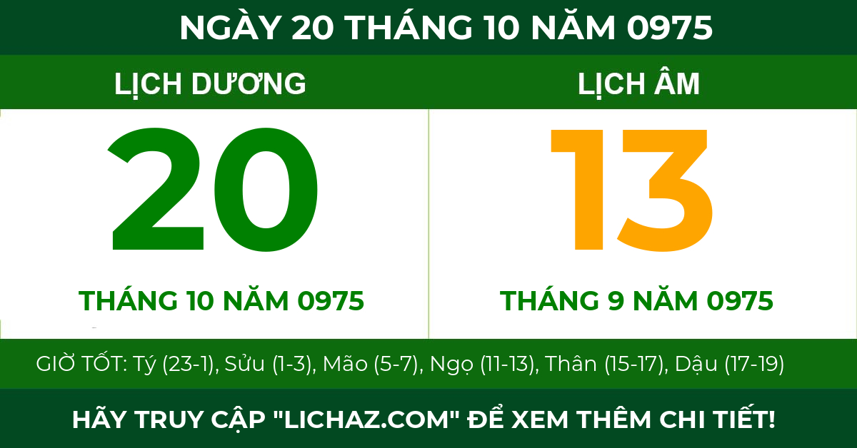 lịch âm ngày 20 tháng 10 năm 0975
