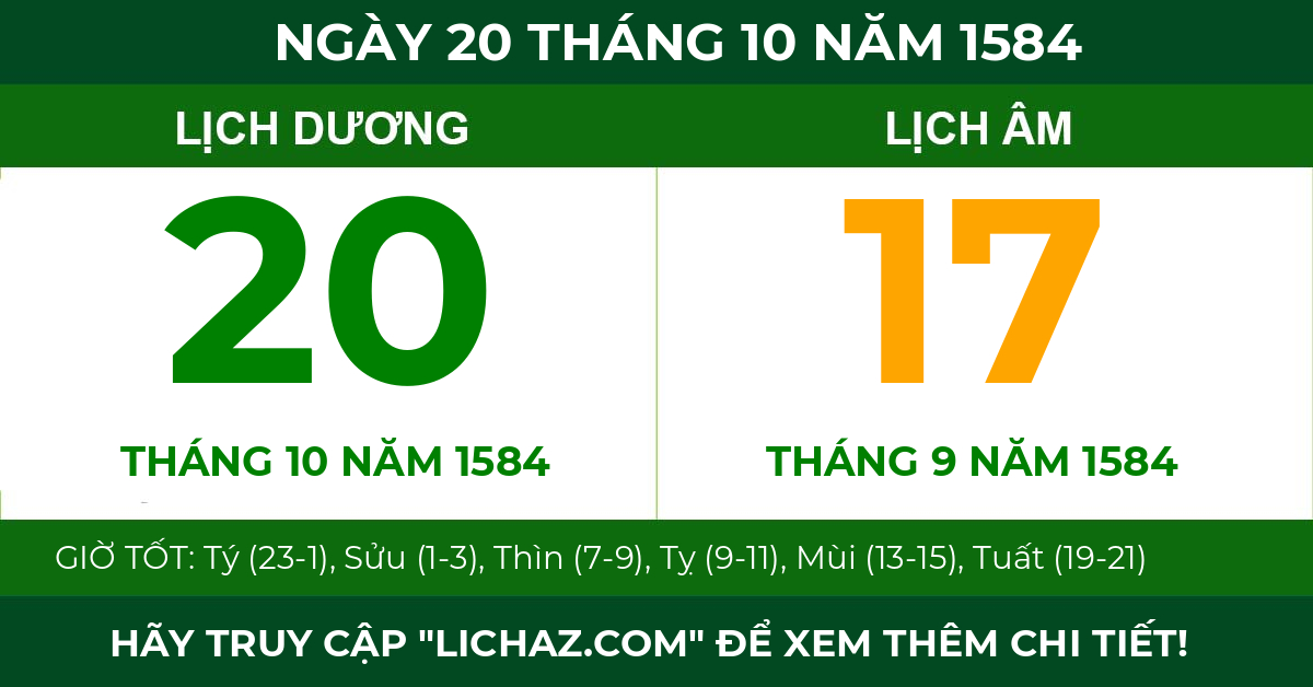 lịch âm ngày 20 tháng 10 năm 1584