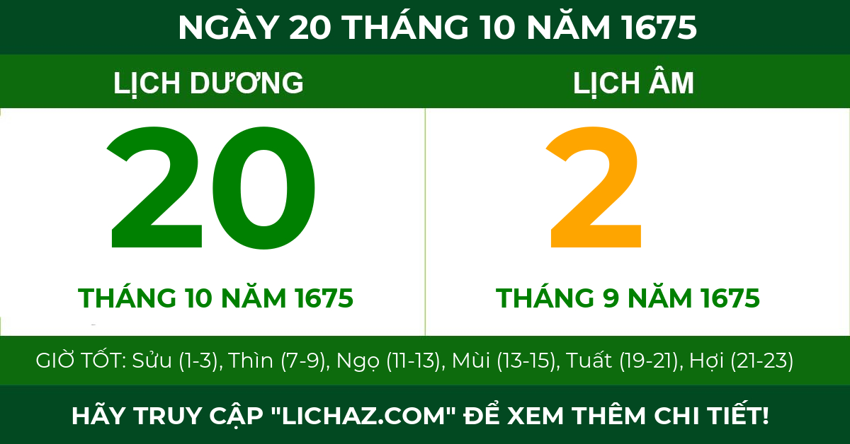 lịch âm ngày 20 tháng 10 năm 1675
