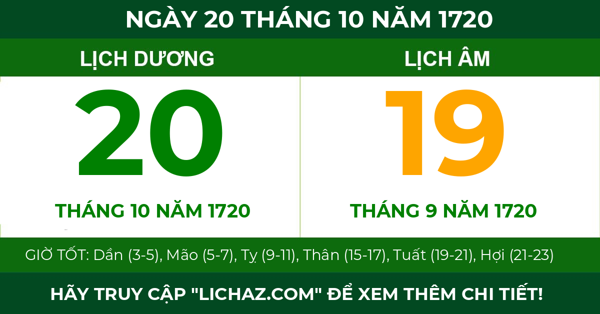 lịch âm ngày 20 tháng 10 năm 1720
