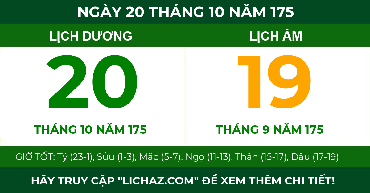 lịch âm ngày 20 tháng 10 năm 175