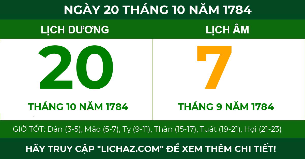 lịch âm ngày 20 tháng 10 năm 1784