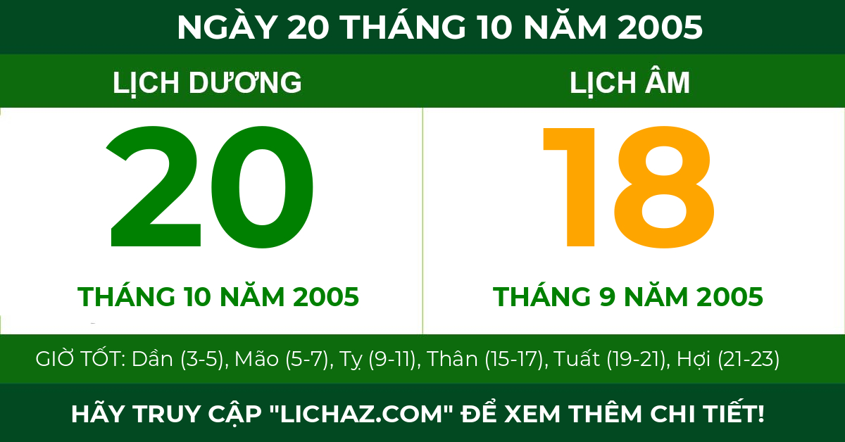 lịch âm ngày 20 tháng 10 năm 2005