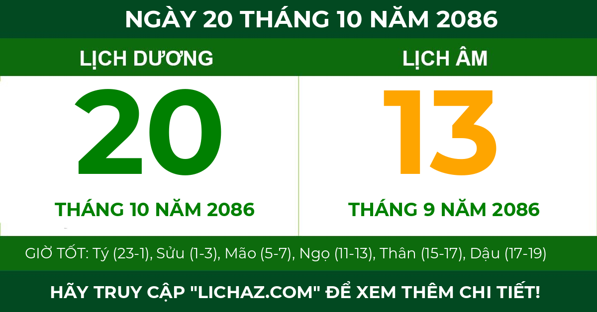 lịch âm ngày 20 tháng 10 năm 2086