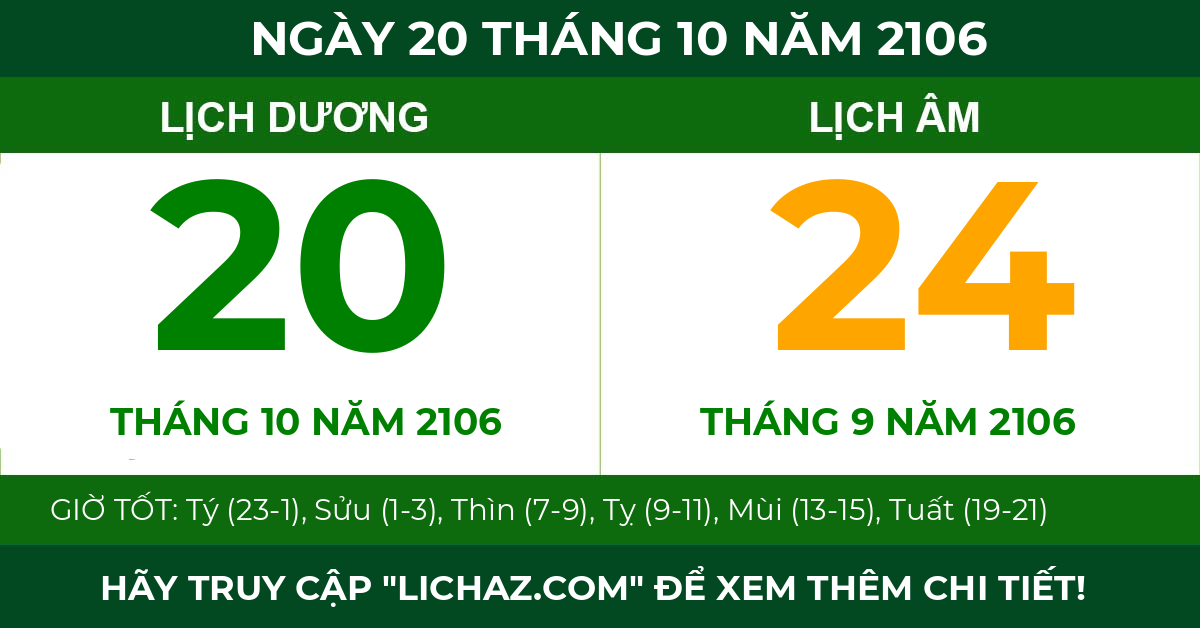 lịch âm ngày 20 tháng 10 năm 2106