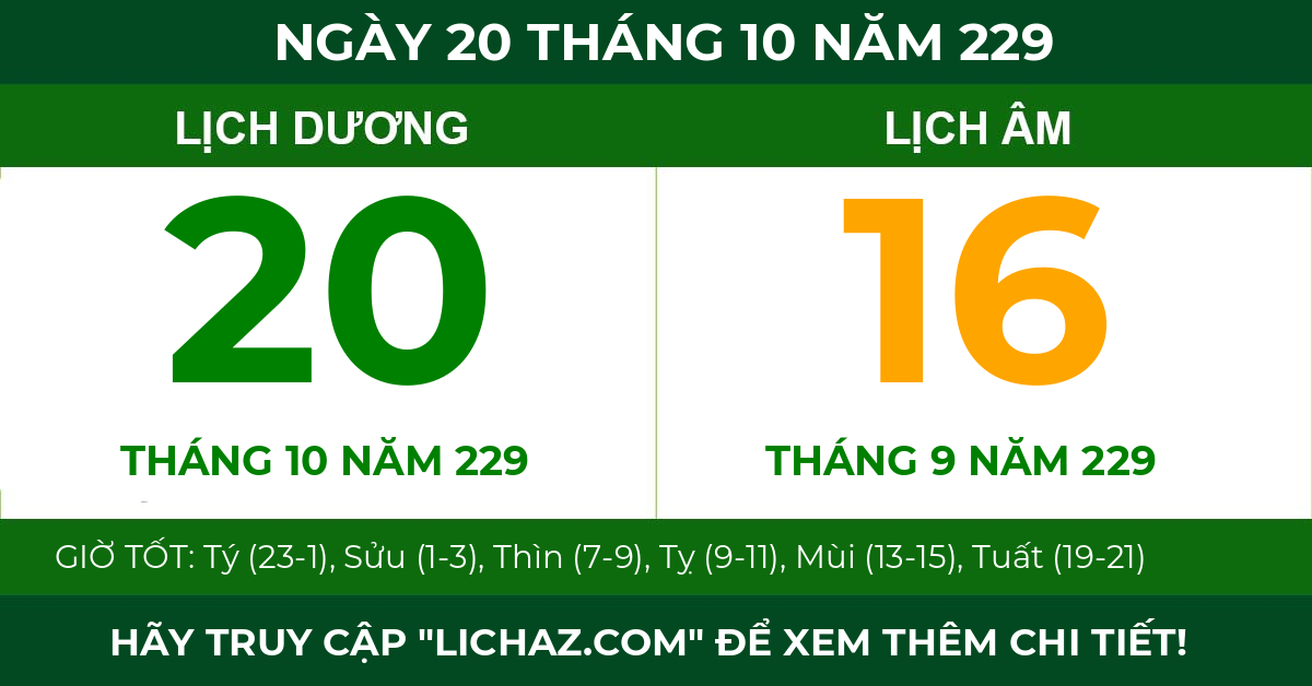 lịch âm ngày 20 tháng 10 năm 229