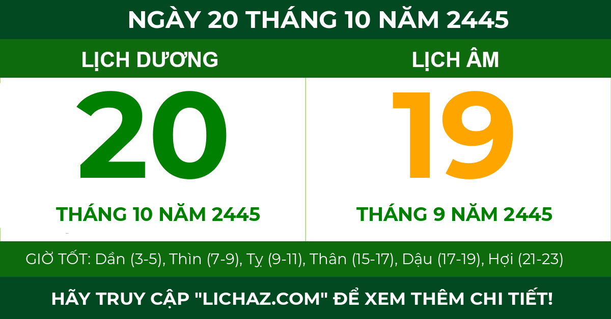 lịch âm ngày 20 tháng 10 năm 2445