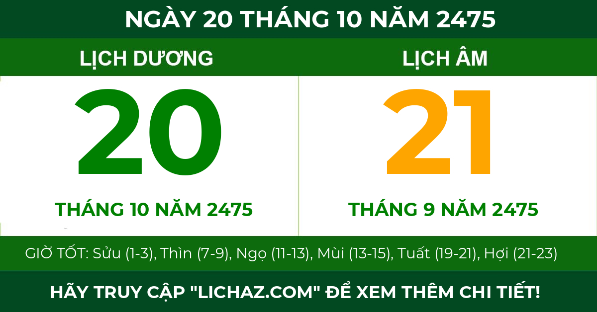lịch âm ngày 20 tháng 10 năm 2475