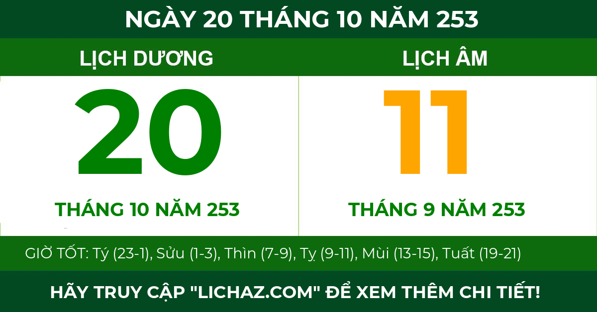 lịch âm ngày 20 tháng 10 năm 253