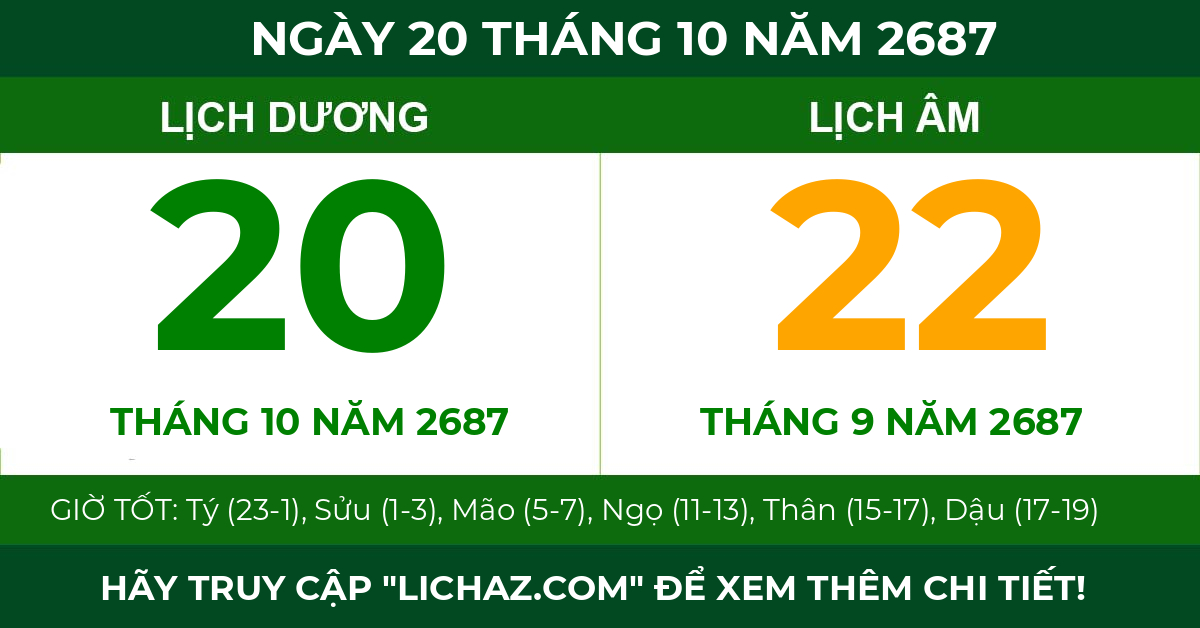 lịch âm ngày 20 tháng 10 năm 2687