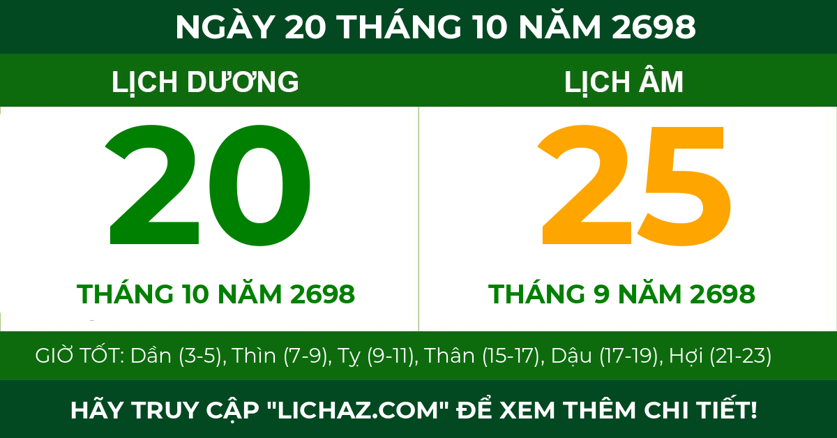 lịch âm ngày 20 tháng 10 năm 2698
