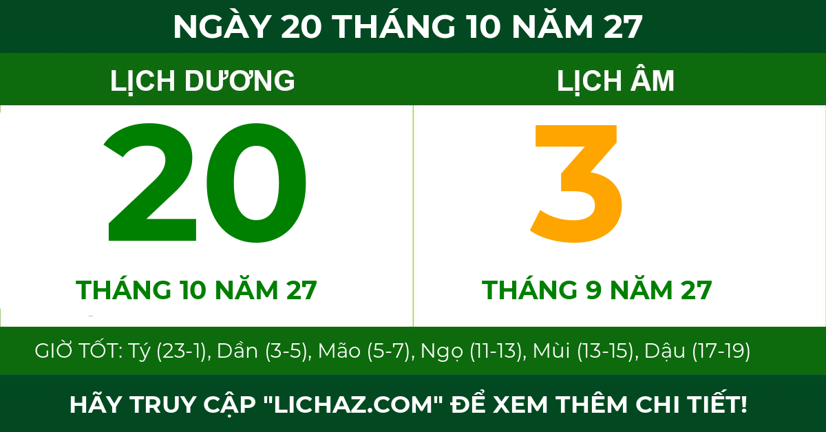 lịch âm ngày 20 tháng 10 năm 27
