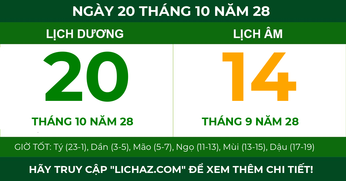 lịch âm ngày 20 tháng 10 năm 28