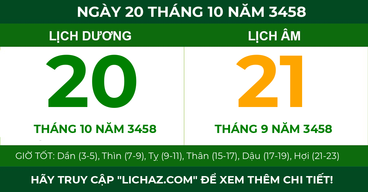 lịch âm ngày 20 tháng 10 năm 3458